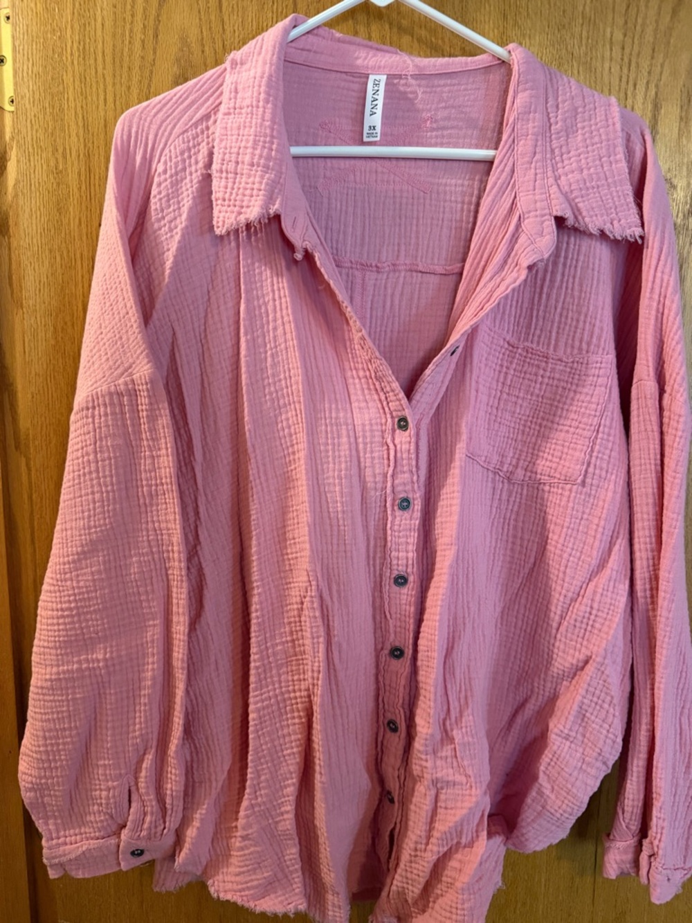 Zenana Outfitters Pink Button-Front Crinkle Shirt